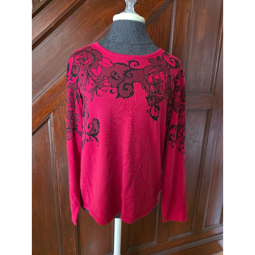 Alfred Dunner Red Floral Embellished Rhinestone Sweater Top M  Long Sleeve